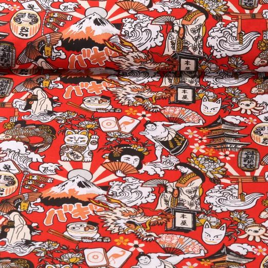 Tissu coton - Chat japonais traditionnel Rouge