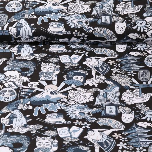 Tissu coton - Chat japonais traditionnel Bleu