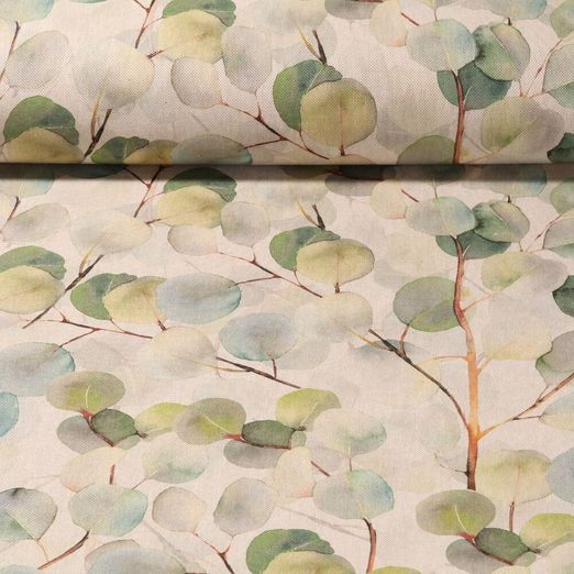 Toile de coton - Effet lin Eucalyptus Bohème Feuilles Beige