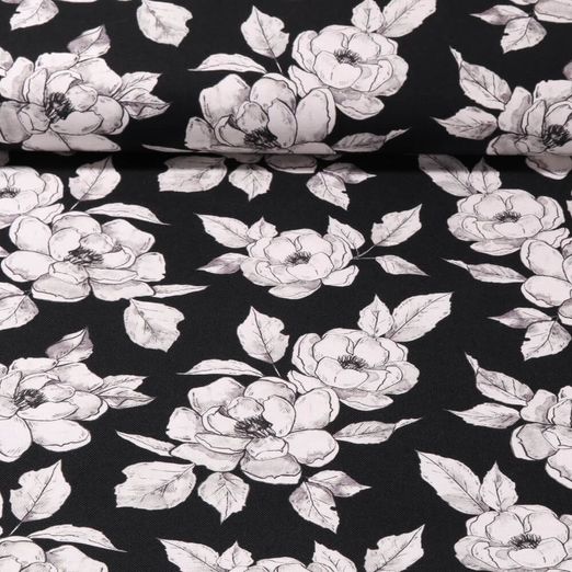 Toile de coton - Impression digitale Grandes fleurs Noir