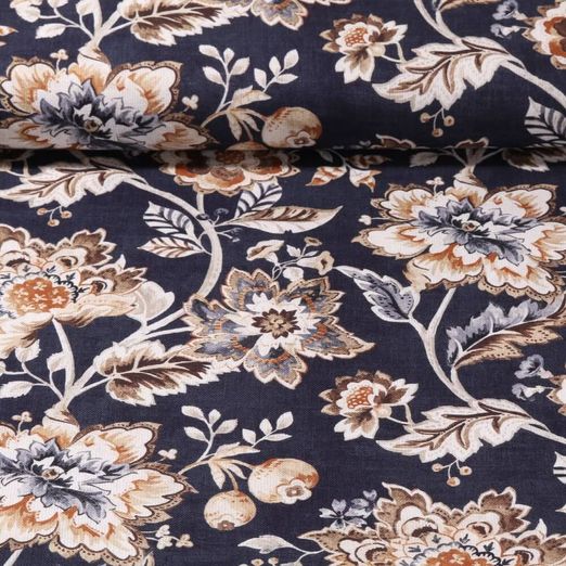 Toile de coton - Impression digitale Bohème Fleurs Effet lin Bleu marine foncé