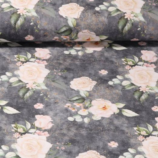 Toile de coton - Impression digitale Cottage Rose Gris