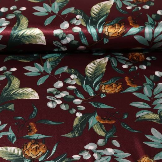 Tissu mode - Satin Feuilles et Fleurs Bordeaux