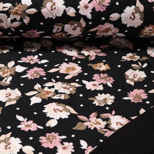 Tissu veste matelassé - Viscose Fleurs Noir Rose