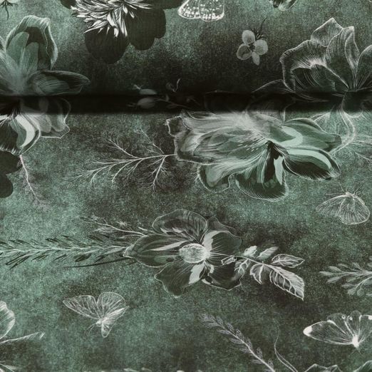 Sommersweat - French Terry Digitaldruck Blüten Dunkelgrün Schlingenstruktur