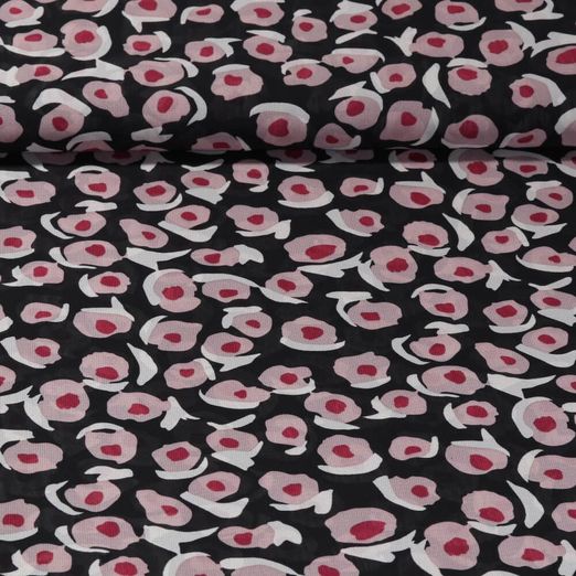 Tissu voile chiffon - Fleurs Abstrait Noir Rose