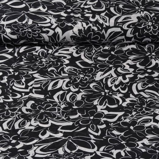 Tissu voile chiffon - Fleurs Noir Ecru