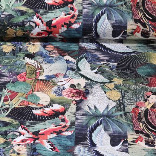 Toile de coton - Impression digitale Geisha Vert Multicolore