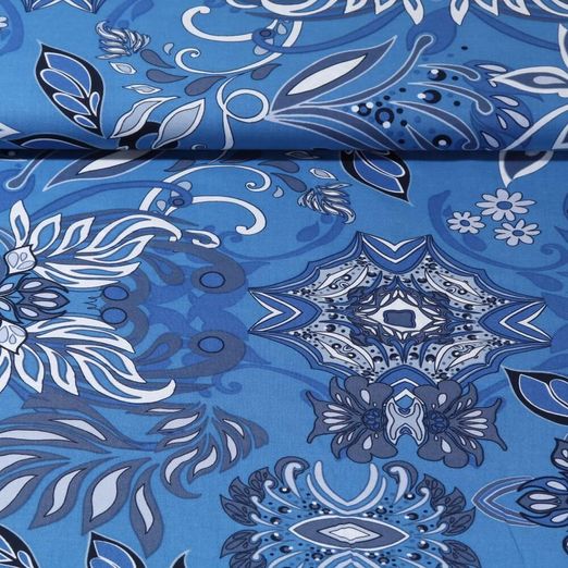 Voile de viscose - Motif floral Bleu