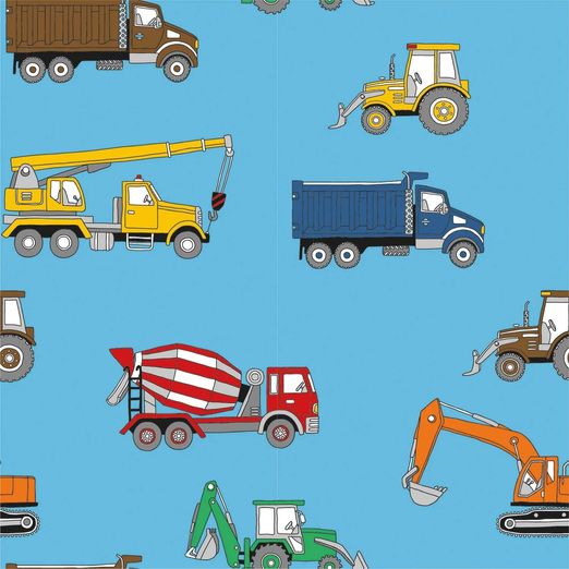 Sommersweat French Terry - Baufahrzeuge auf Hellblau