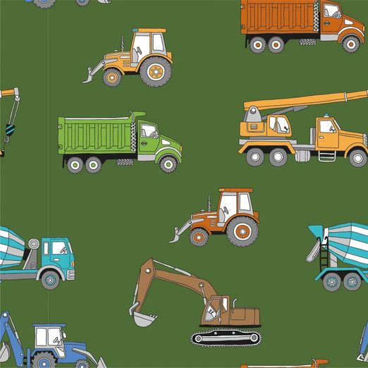 Sommersweat French Terry - Baufahrzeuge auf Grün