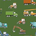 Sommersweat French Terry - Baufahrzeuge auf Grün