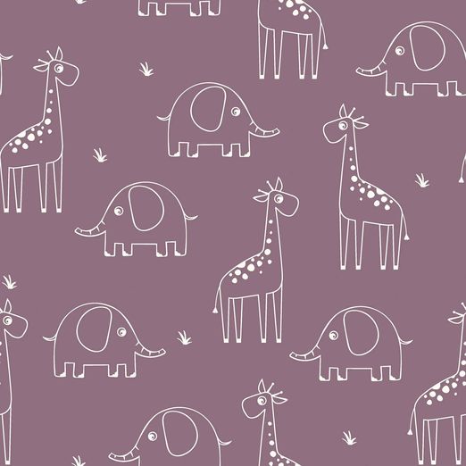 Baumwolle Musselin - Elefant und Giraffe auf Mauve Baumwolle Musselin - Elefant und Giraffe auf Mauve