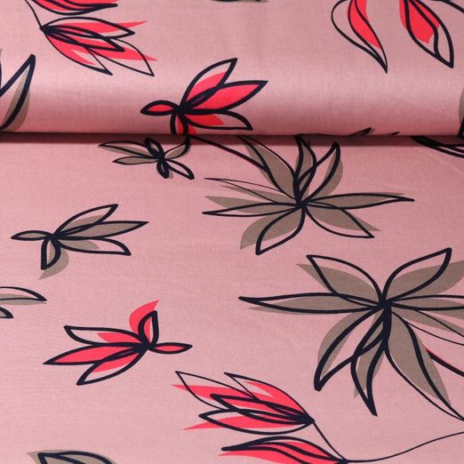 Coton - Satin Stretch Feuilles et fleurs Bois de rose