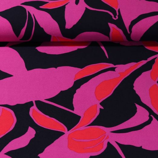 Viscose - Twill Stone Lavé Grandes feuilles Fuchsia