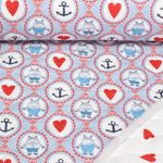 Gesteppter Stoff - Babystepp Doubleface Hippo und Herzen Blau Rot