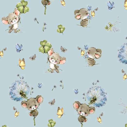 Jersey - Digitaldruck Glücksmaus auf Hellblau Jersey - Digitaldruck Glücksmaus auf Hellblau