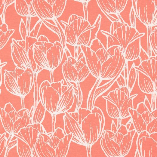 Viskosejersey Tulpen auf Koralle