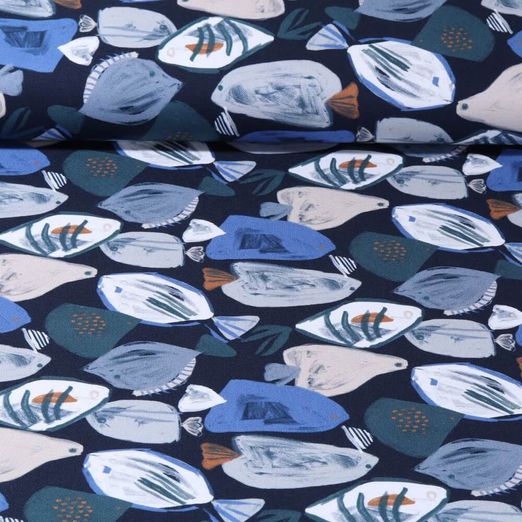 Toile de coton canevas - Impression digitale Maritime Poissons Bleu