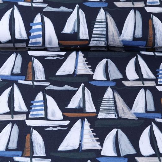 Toile de coton canevas - Impression digitale Maritime Voiliers Bleu