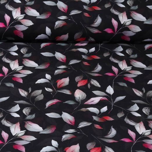 Popeline de viscose - Impression digitale Stretch Feuilles Noir