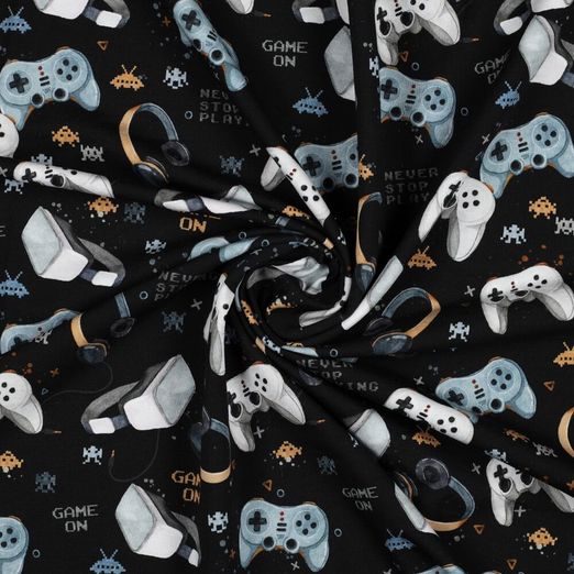 Sommersweat French Terry Digitaldruck Games auf Schwarz