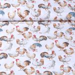 Baumwoll-Webware - Hahn und Hühner Weiß