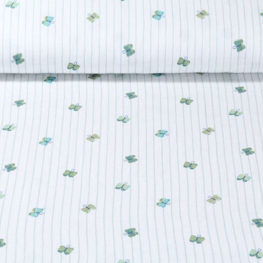 Mousseline de coton - Double Gaze Papillons Rayures Blanc cassé Vert