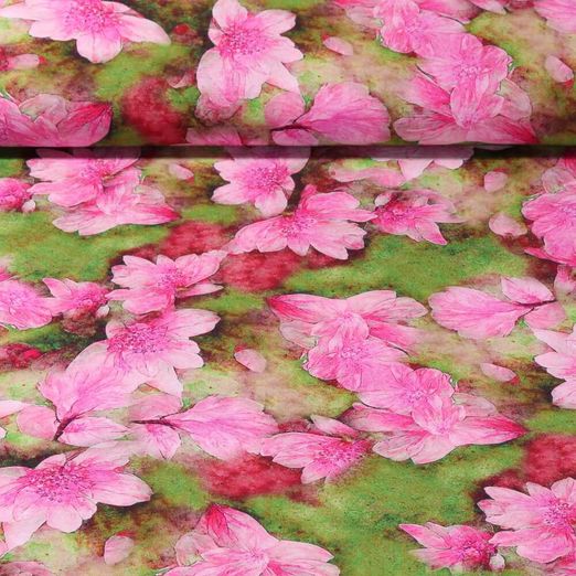 Popeline de viscose - Impression digitale Fleurs de magnolias Vert Rose vif