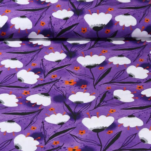 Popeline de viscose - Impression digitale Fleurs Violet