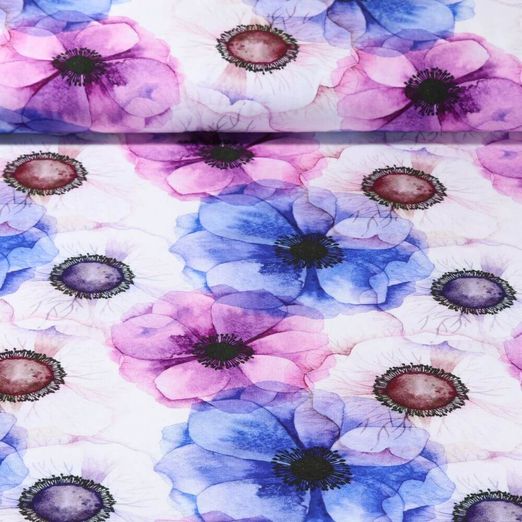 Popeline de viscose - Impression digitale Fleurs multicolores Ecru Bleu