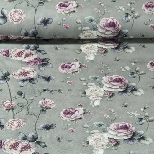 Toile de coton canevas - Roses vintage Vert sauge