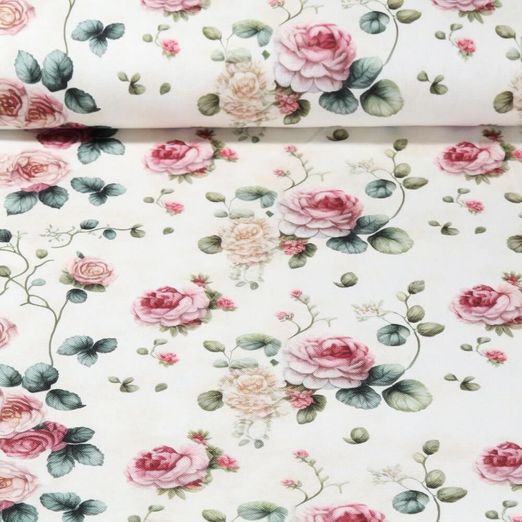 Toile de coton canevas - Roses vintage Ecru