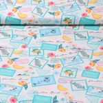 Baumwoll-Cretonne - Digitaldruck Briefmarken Urlaub Sand