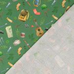 Bomullscretonne - Digitaltryck vandringsutrustning mörkgrön