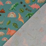 Bawełniana Kreton - Druk Cyfrowy Dinozaury i Tęcze Petrol