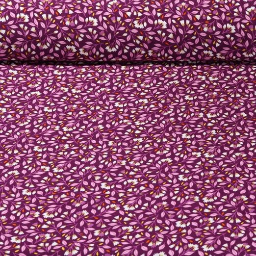 Popeline de viscose - Branches fleuries Aubergine