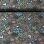 Popeline de coton - Etoiles et flocons Kaki Doré
