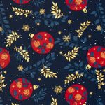 Popeline de coton - Boules de Noël et branches Navy Or