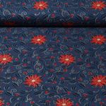 Popeline de coton - Etoiles de Noël et houx Bleu Doré