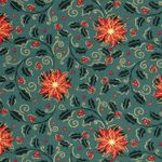 Popeline de Coton - Étoiles de Noël et Houx Vert Foncé Doré