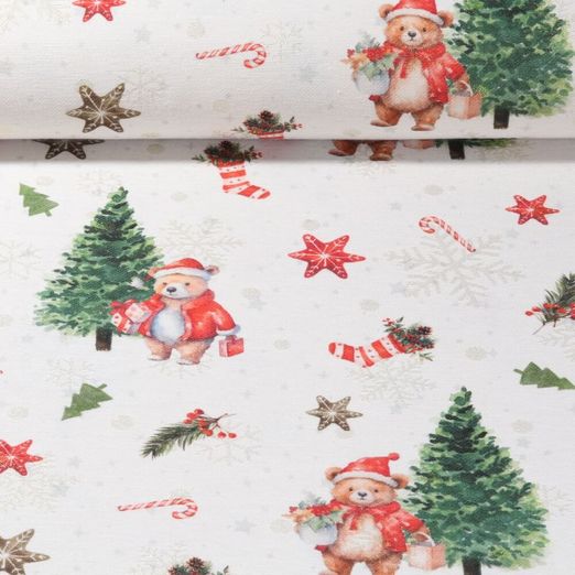 Toile canevas Jacquard aspect lin Lurex - Oursons de Noël Ecru Doré