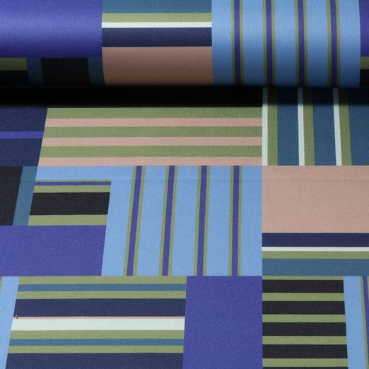 Tissu Scuba - Impression numérique Rectangles et rayures Bleu