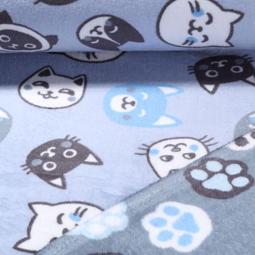 Fleece - Kuschelfleece Doubleface Katzen und Pfoten Hellblau