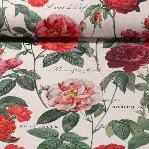 Toile de coton canevas - Aspect lin Roses vintage Beige