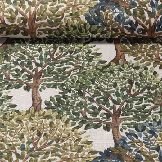 Toile de coton canevas - Impression digitale Aspect lin Arbres Beige Vert