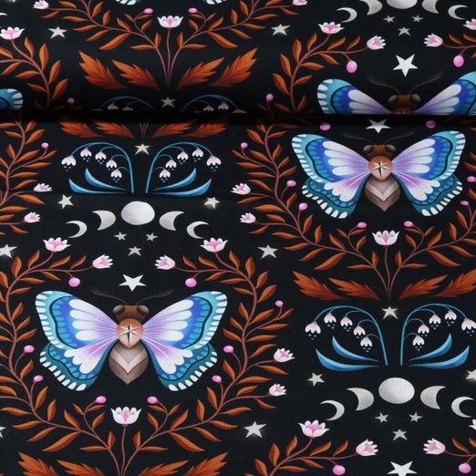 Bio Baumwoll-Satin - Hamburger Liebe Digitaldruck Midnight Luna Moth Schwarz Rost