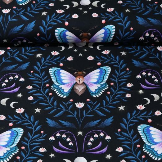 Bio Baumwoll-Satin - Hamburger Liebe Digitaldruck Midnight Luna Moth Schwarz Blau