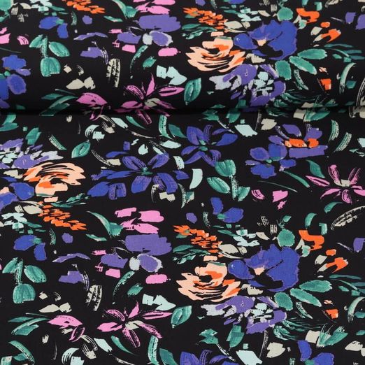 Viscose-Popeline - Peinture florale Noir