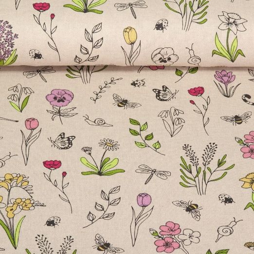 Canvas - Frühling Blumen Leinenlook Beige Multicolor